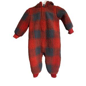 Carters Baby Sherpa Fleece Hooded Plaid Bunting With Ears Size 6M Red/Blue